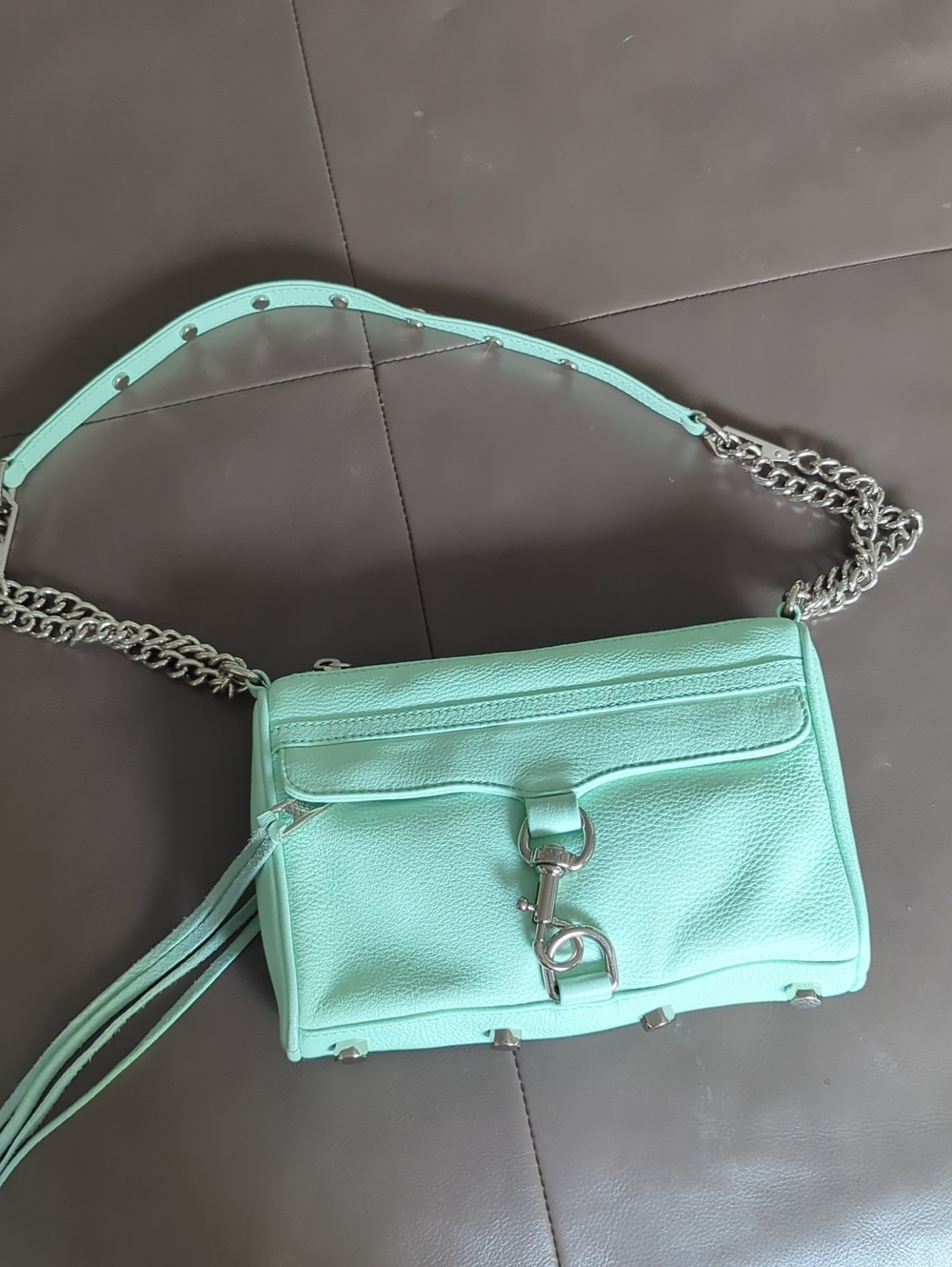 Rebecca Minkoff Mint Green Leather Crossbody Shoulder Bag with Silver Chain